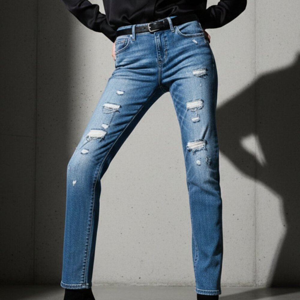WHBM Distressed Chain Girlfriend Jeans – Size 0 (Excellent Condition)